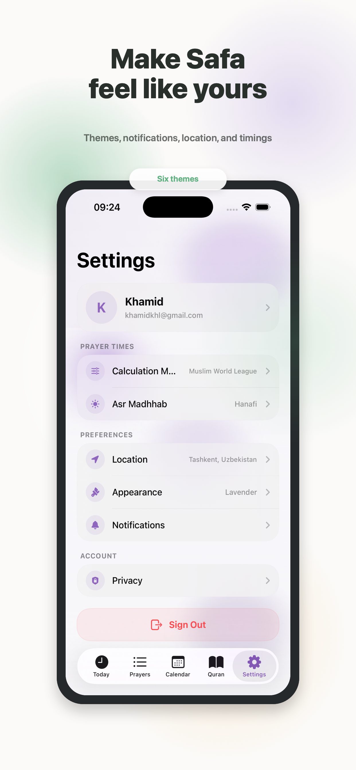 Safa settings and personalization preview